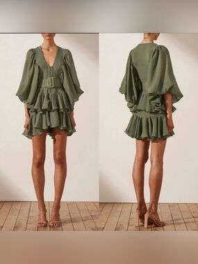 SHONA JOY Charlotte Plunged Draped Mini Dress Khaki Green Sz 2 Belted